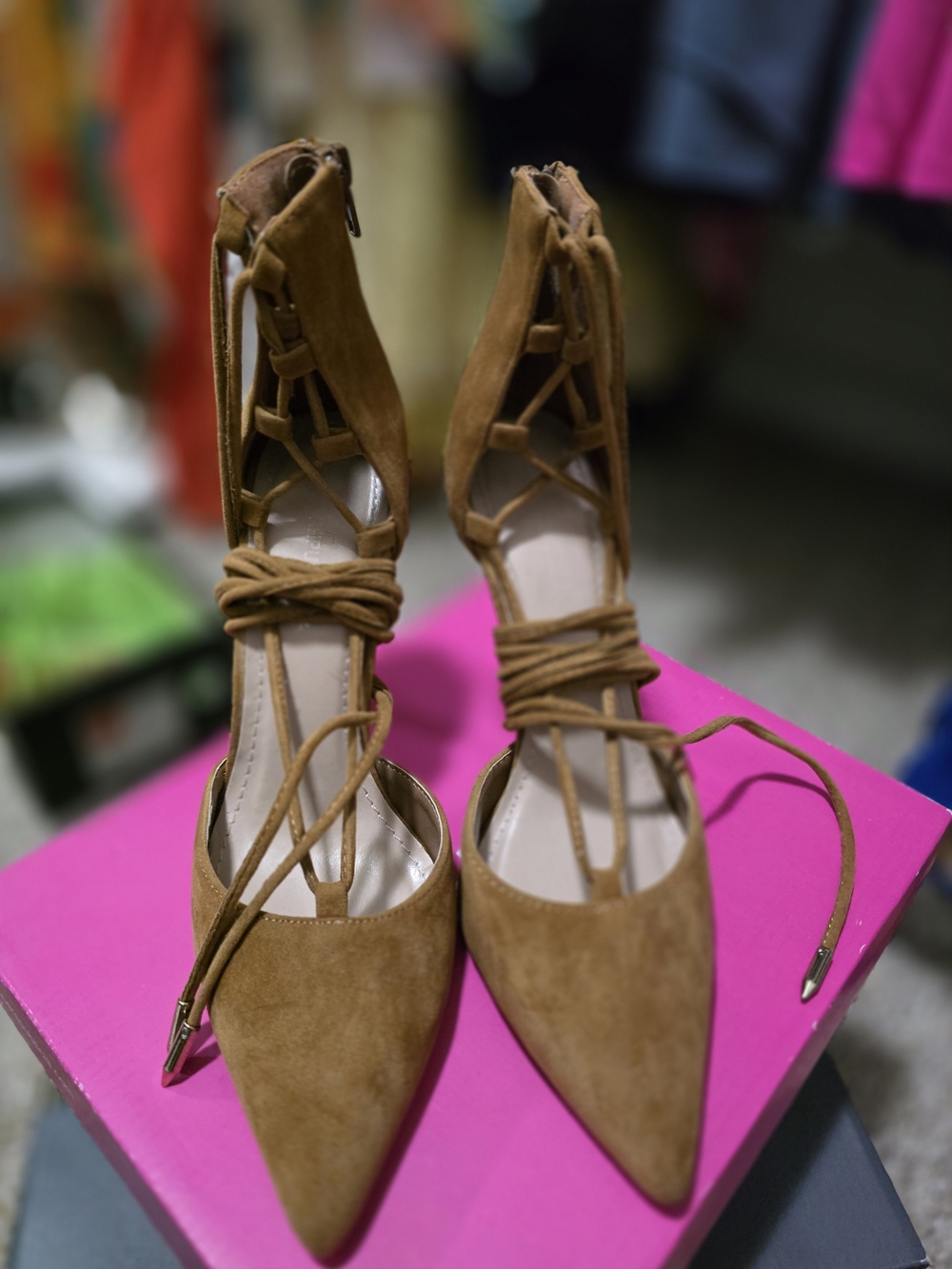 Shoe Republic LA Tan Suede Pointed-Toe Lace-Up Heels